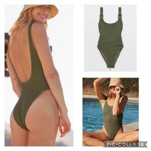 Aerie Shimmery Crinkle Birthday Scoop Cheeky One Piece Olive Green Swimsuit S